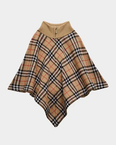 BURBERRY GIRL'S LETTE WOOL-BLEND CHECK CAPE