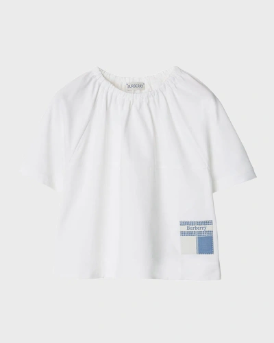 Burberry Kids' Girl's Lucy Gathered Top W/ Logo Patch In White