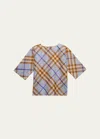 Burberry Girl's Noa Check-print Top In Slate Blue Ip Che