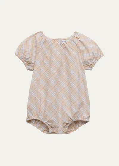 Burberry Kids' Girl's Odessa Check-print Bodysuit In Pale Stone Check