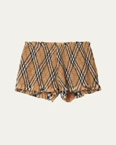 Burberry Kids' Girl's Remy Smocked Check Shorts In Sand Ip Check