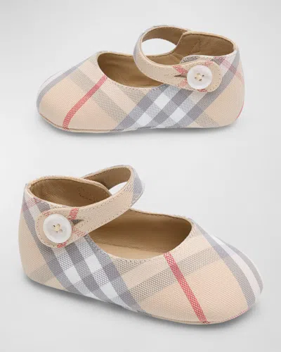 Burberry Kids' Girl's Taylor Check-print Leather Mary Jane Flats, 3m-3 In Pale Stone Check