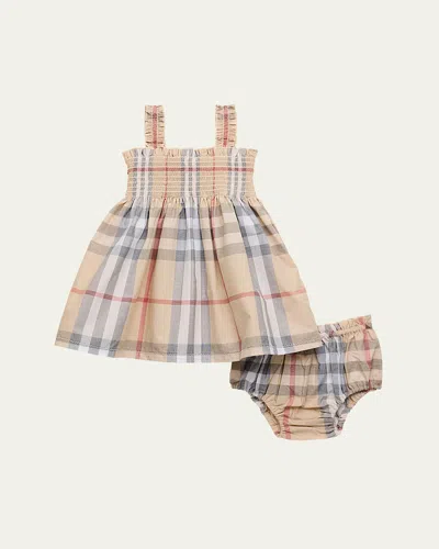 Burberry Kids' Girl's Tegan Check-print Smocked Dress W/ Bloomers In Pale Stone Ip Check