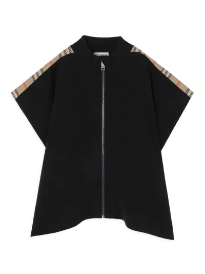 Burberry Girl's Wool Check-trimmed Cape In Black