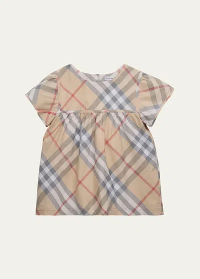 Burberry Kids' Girl's Zoey Check-print Blouse In Pale Stone Check