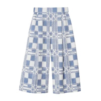 Burberry Girls Check Pattern Wide Leg Cotton Trousers In Blue