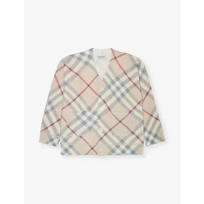 Burberry Girls Pale Stone Ip Check Kids Ashmore Long-sleeve Checked Wool And Cashmere-blend Cardigan