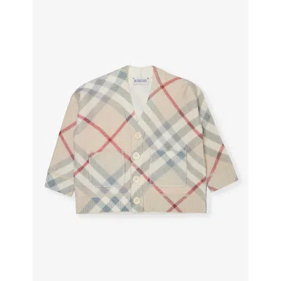 Burberry Girls Pale Stone Ip Check Kids Ashmore Long-sleeve Checked Wool And Cashmere-blend Cardigan In Gray