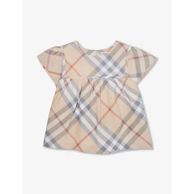 Burberry Girls Pale Stone Ip Check Kids Zoey Check-print Cotton Top 3-14 Years In Brown
