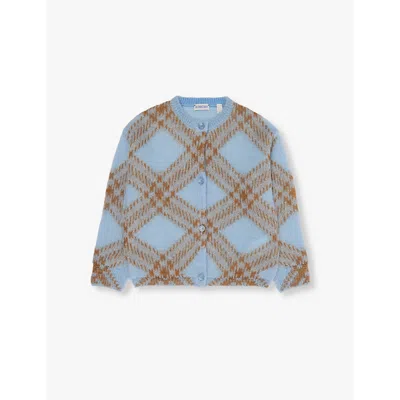 Burberry Girls Slate Blue Ip Check Kids Bethane Intarsia-check Mohair-blend Cardigan 4-14 Years 14 In Blau