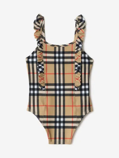 Burberry Kids'  Girls Tilly Ruffle Trim Check Swimsuit In Brown