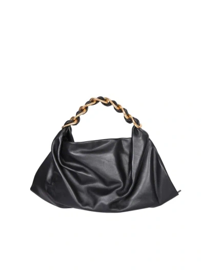 Burberry Glossy Black Leather Bag With A Gold And Black Chain Handle.