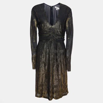 Pre-owned Burberry Gold Metallic Knit Ruched Long Sleeve Dress L