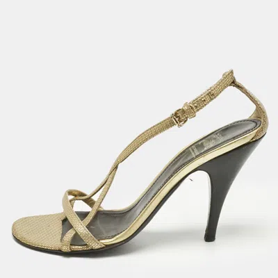 Pre-owned Burberry Gold Textured Leather Criss Cross Ankle Strap Sandals Size 37
