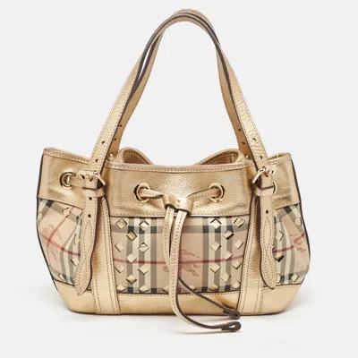 Pre-owned Burberry Gold/beige Haymarket Check Laser Cut Coated Canvas And Leather Drawstring Tote