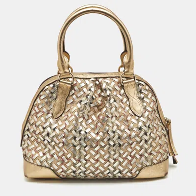 Pre-owned Burberry Gold/beige Haymarket Check Pvc And Woven Leather Thornley Satchel