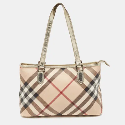 Pre-owned Burberry Gold/beige Supernova Check Pvc And Patent Leather Nickie Tote