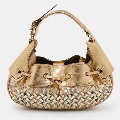 Pre-owned Burberry Gold/beige Woven Leather And House Check Coated Canvas Warrior Hobo