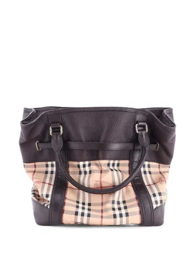 Pre-owned Burberry Golderton Haymarket Coated Canvas And Leather Medium Tote Bag In 褐色