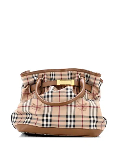 Pre-owned Burberry Golderton Haymarket Coated Canvas Medium Tote Bag In Brown