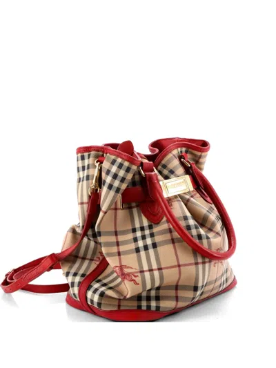 Pre-owned Burberry Golderton Haymarket Coated Canvas Medium Tote Bag In Brown