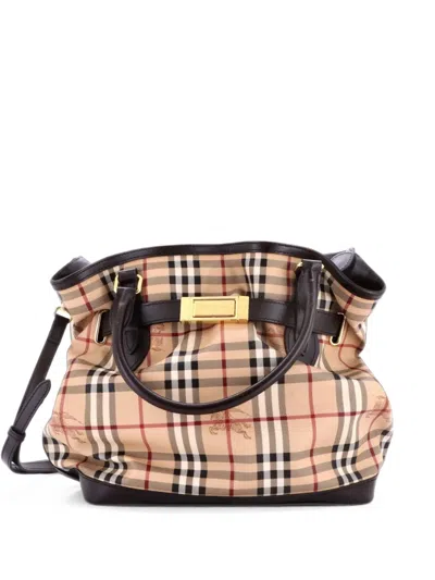 Pre-owned Burberry Golderton Haymarket Coated Canvas Medium Tote Bag In Brown