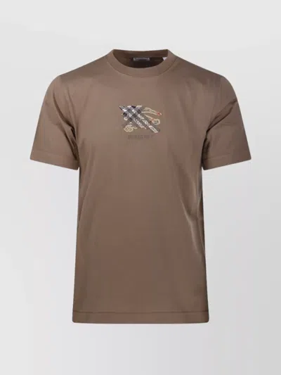 Burberry Men's Embroidered Ekd Check Logo Slim-fit Cotton T-shirt In Brown