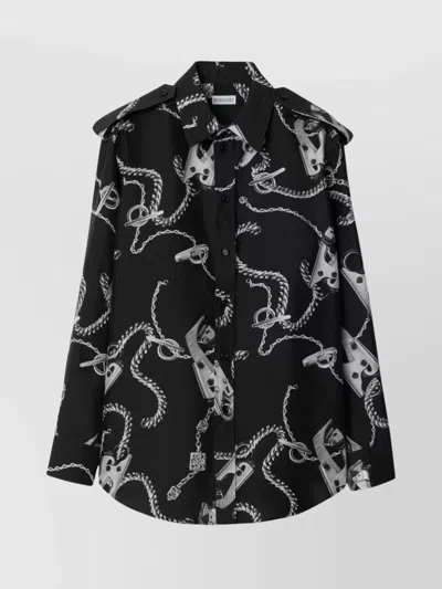 Burberry Chain-print Long-sleeve Collared Silk Top In Silverblack