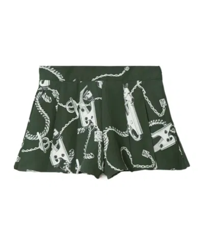 Burberry Graphic Printed Pleated Shorts In Green/silver Tone
