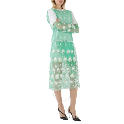 Burberry Green And White Embroidered Tulle Dress In Green/white