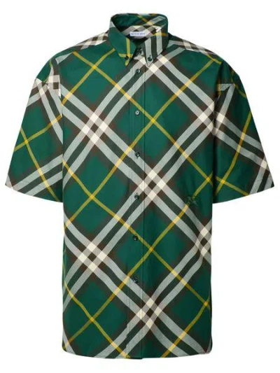 Burberry Green Check Cotton Twill Shirt With Embroidered Equestrian Design For Men
