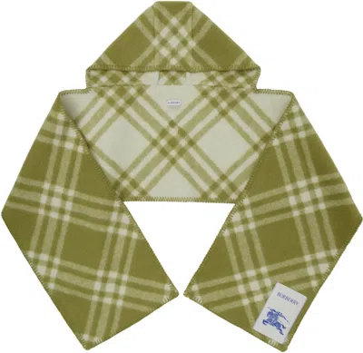 Burberry Green Check Wool Hooded Scarf In Caper