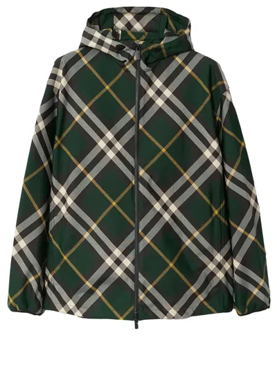 BURBERRY GREEN EMBROIDERED JACKET WITH EQUESTRIAN LOGO AND CHECK PATTERN FOR MEN