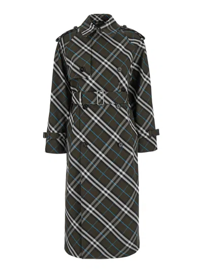 Burberry Green Oversized Double-breasted Trench Coat With Check Motif In Twill Woman