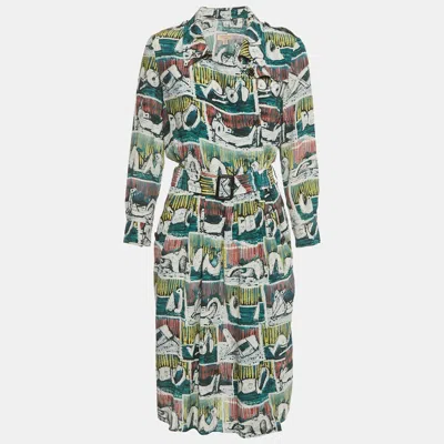 Pre-owned Burberry Green Reclining Figures Silk Trench Midi Dress S