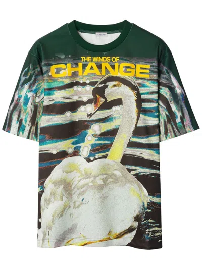 Burberry Green Swan Print Crewneck T-shirt For Men
