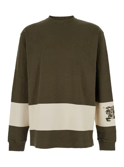 BURBERRY GREEN SWEATER WITH CONTRASTING BAND AND LOGO IN COTTON MAN