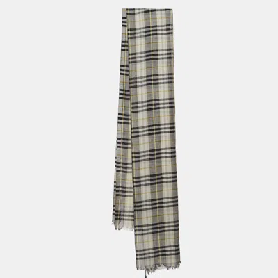 Pre-owned Burberry Green Vintage Check Wool And Silk Gauze Fringed Scarf