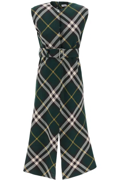 BURBERRY GREEN WOOL MIDI DRESS WITH CHECK PATTERN AND V-NECK