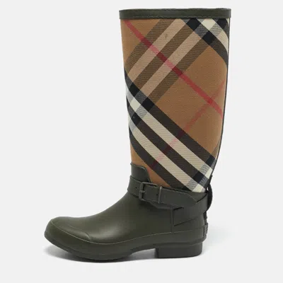 Pre-owned Burberry Green/beige Rubber And Vintage Check Canvas Simeon Rain Boots Size 41