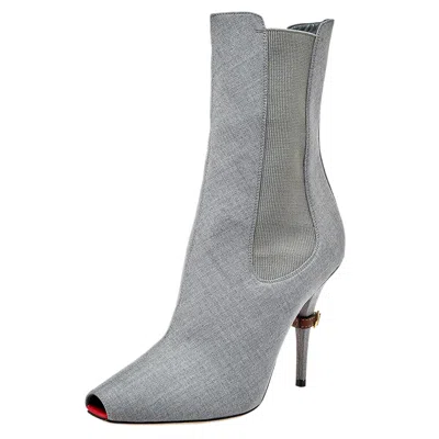 Pre-owned Burberry Grey Canvas And Elastic Fabric Peep Toe Kenzie Ankle Boots Size 39