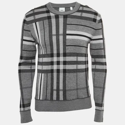 Pre-owned Burberry Grey Checked Wool Knit Crew Neck Jumper S