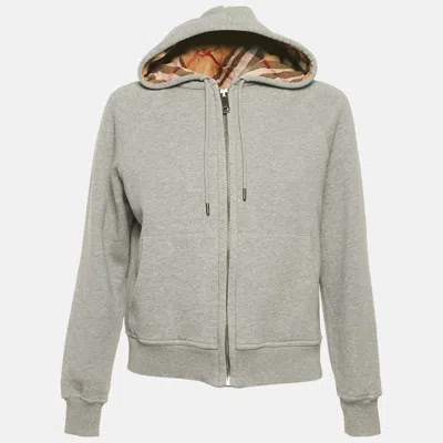 Pre-owned Burberry Grey Cotton Check Hooded Zip-up Jacket S In Gray
