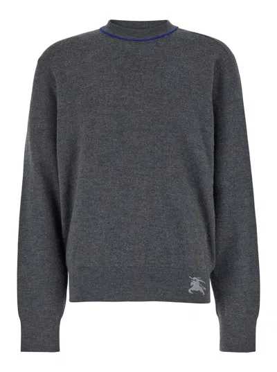 BURBERRY GREY CREWNECK SWEATER WITH EKD LOGO DETAIL ON THE HEM IN WOOL MAN