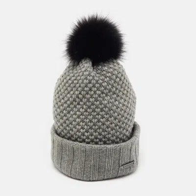 Pre-owned Burberry Grey Fox Fur Trim Wool Knit Beanie