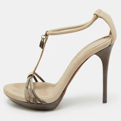Pre-owned Burberry Grey Leather And Canvas Ankle Strap Sandals Size 38