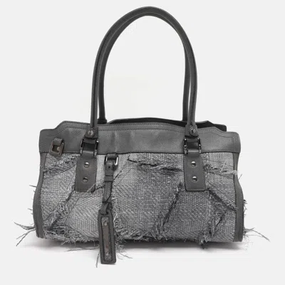 Pre-owned Burberry Grey Leather And Woven Patchwork Straw Satchel In Gray