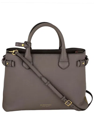 Burberry Grey Leather Banner House Check Canvas Medium Handbag (authentic Pre-loved)