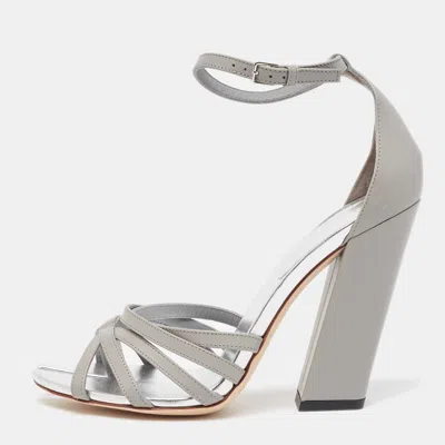 Pre-owned Burberry Grey Leather Hove Heel Ankle Strap Sandals Size 38