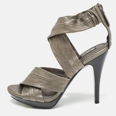 Pre-owned Burberry Grey Leather Platform Ankle Wrap Sandals Size 39